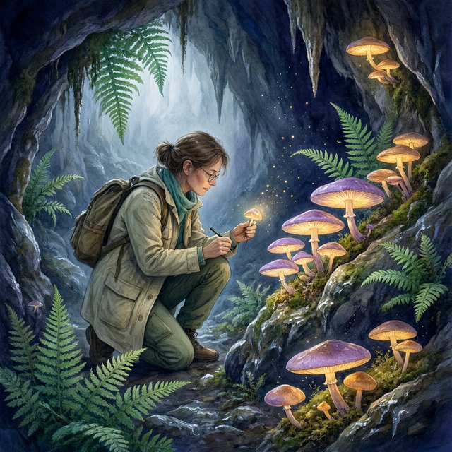 Watercolour illustration of an adult botanist studying luminous fungi in a misty cave, with fern fronds, glistening stone and drifting spores. Palette of jade, lilac, amber, and deep indigo, with translucent washes. — Qwen Image 3.0 Pro