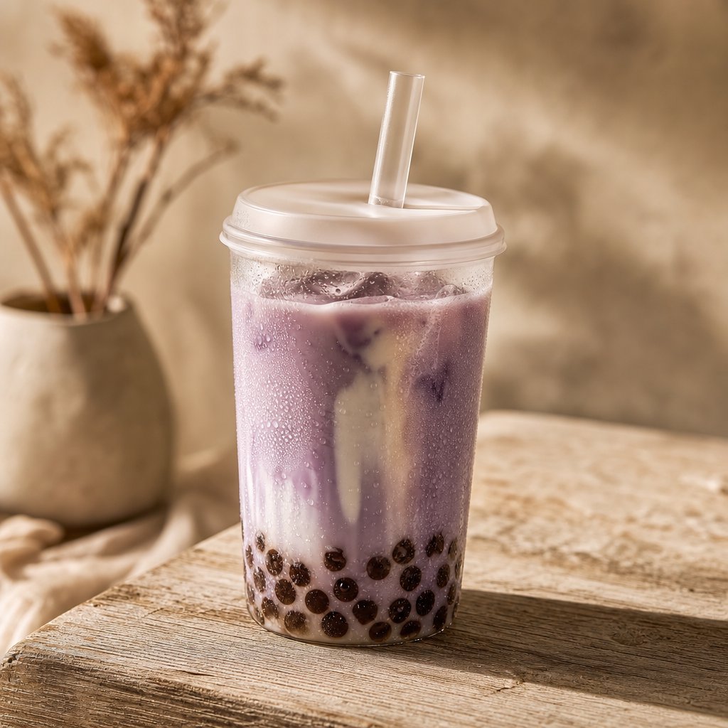 Photorealistic product shot of iced taro bubble tea in a clear frosted plastic cup, condensation beading down curved sides, wide clear straw piercing matte white domed lid. Plump dark brown tapioca pearls settled at the base, swirled creamy purple tea with soft marbled cream streaks, fine ice crystals glinting inside. Resting on weathered light oak table, soft golden hour side lighting casting gentle long shadows, warm neutral beige background. Shallow depth of field, sharp focus on glass texture and pearl details, professional food photography aesthetic, soft moody warm colour palette with rich lavender and caramel tones. — GPT Image 2
