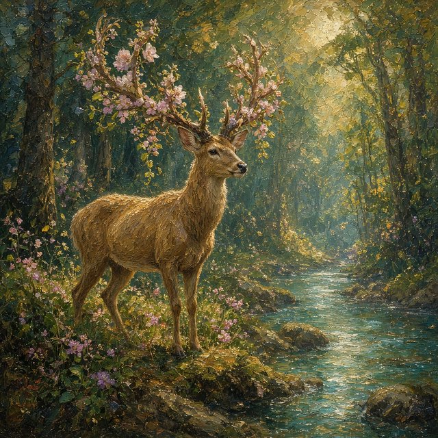 A majestic deer, its antlers intertwined with blooming vines, pauses by a crystal-clear stream in an enchanted glade. Sunlight filters through the canopy, dappling the forest floor. This is an oil painting with a rich, textured surface, capturing the dreamlike atmosphere of the scene. — Grok Imagine Image 2