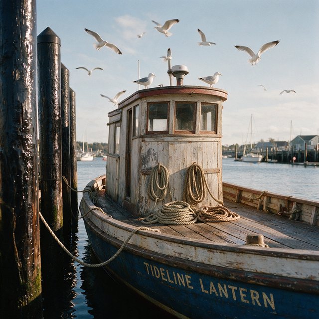 At a quiet harbor, a weathered wooden ferry rests beside slick pilings, ropes coiled on deck as gulls wheel overhead; "TIDELINE LANTERN" is painted in faded ivory letters along the blue hull. — Seedream 5.0 Pro
