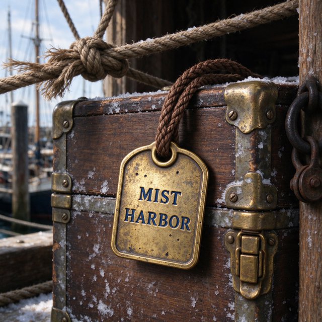 A brass luggage tag hangs from a weathered sea chest in a harbor loft, its face bearing “MIST HARBOR” in deeply stamped blue capitals; ropes and salt-crusted fittings surround it, with no other writing visible. — Seedream 5.0 Flash