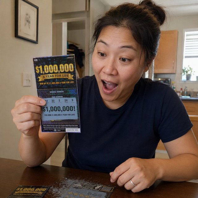 A realistic scene of a random adult person, either Black, white, or Asian, scratching a scratch ticket and discovering that they have won one million dollars. — GPT Image 2