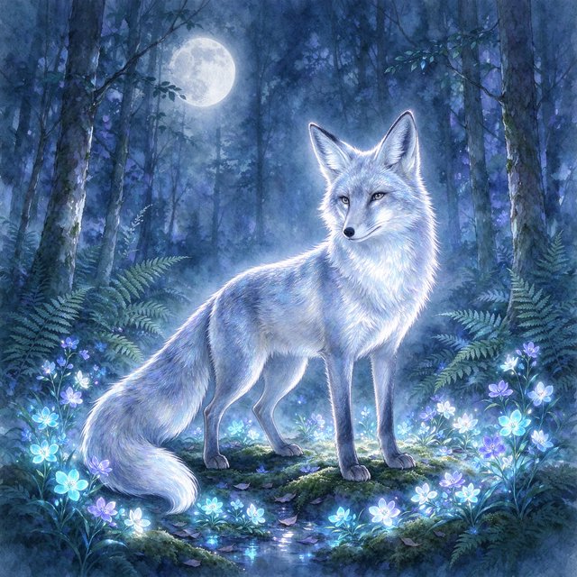 A majestic fox with fur like spun moonlight, standing in a clearing bathed in ethereal light. Bioluminescent flowers bloom around its paws, casting a soft, otherworldly glow. The scene is rendered in a detailed watercolor illustration style, with delicate brushstrokes and a muted, mystical color palette. Cinematic lighting emphasizes the magical ambiance. — Model 19