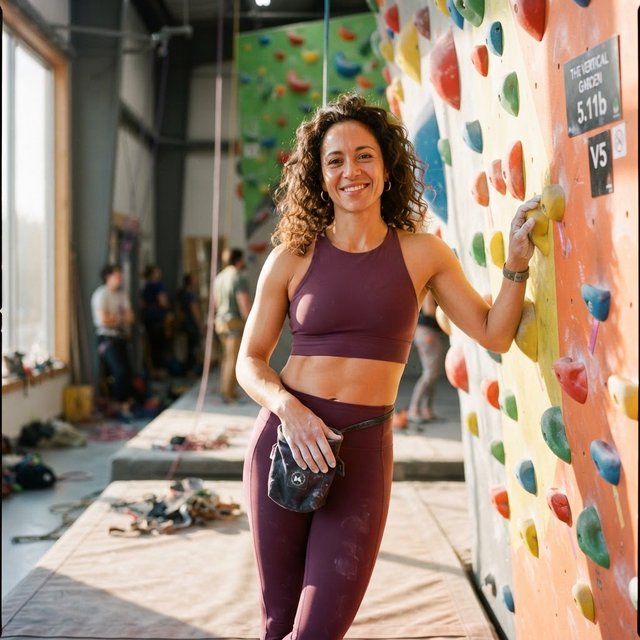 Editorial glamour photograph of an adult woman in a plum fitness set, pausing naturally beside a sunlit indoor climbing wall, flattering side light tracing colorful holds, loose curls and an easy, confident smile. — Nano Banana 2 Lite