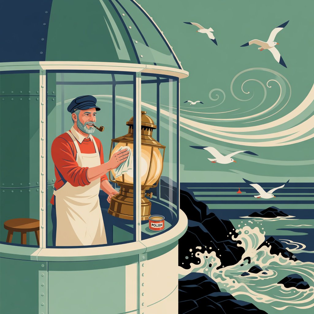 Flat-vector illustration of an adult lighthouse keeper polishing a brass lantern in a windswept tower, gulls circling beyond the glass and foam tracing black rocks below. Palette of sea-glass green, cream, vermilion, and navy. — Grok Imagine Image Quality
