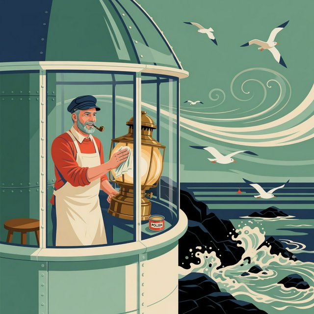 Flat-vector illustration of an adult lighthouse keeper polishing a brass lantern in a windswept tower, gulls circling beyond the glass and foam tracing black rocks below. Palette of sea-glass green, cream, vermilion, and navy. — Grok Imagine Image Quality