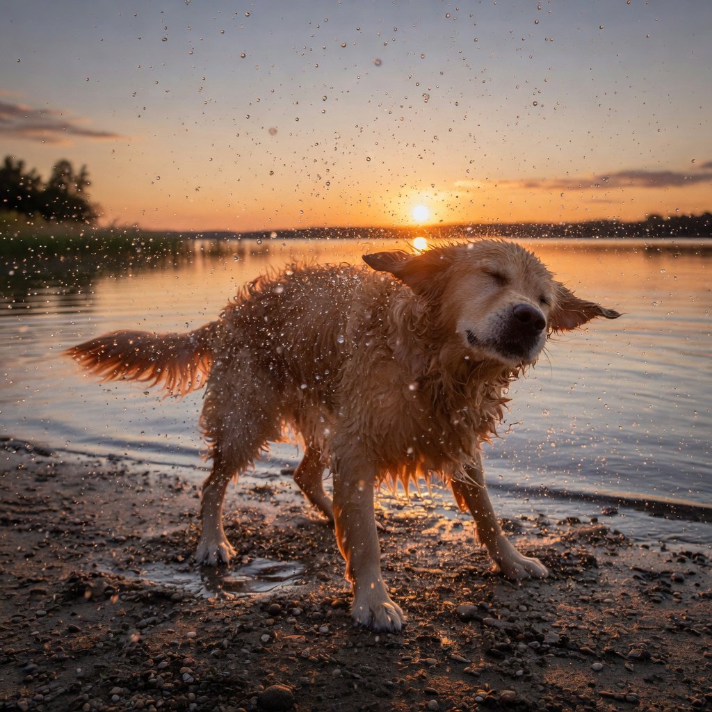 A wet golden retriever shaking off water on a lakeshore, droplets frozen mid-air, backlit by low sun, high shutter speed. — Grok Imagine Image Quality
