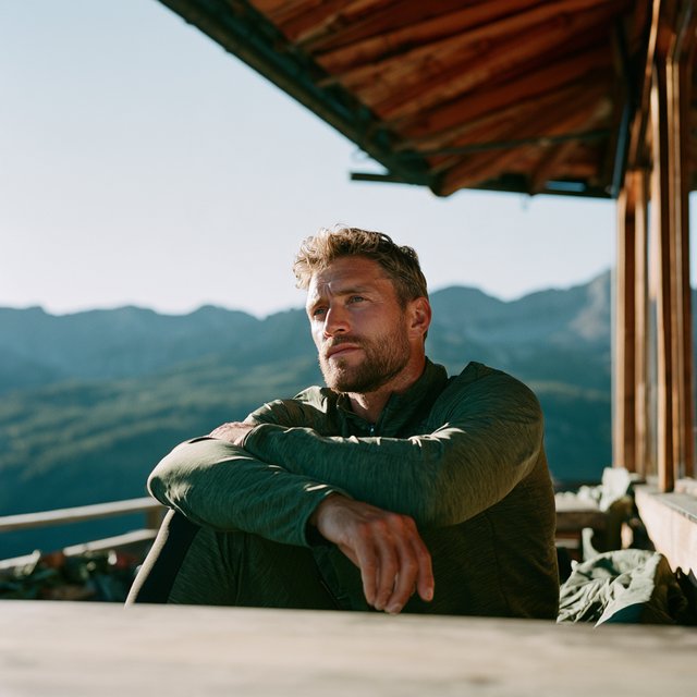 Editorial glamour photograph of an adult man in a forest-green fitness set, resting naturally after a hike on a sunlit alpine lodge terrace, flattering morning light on his face, relaxed expression, distant peaks softened behind him. — Midjourney V8.2
