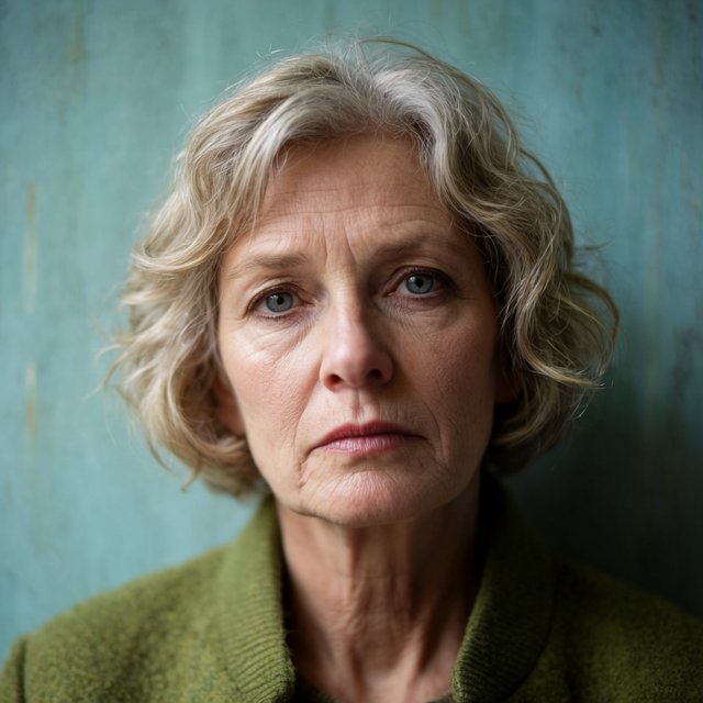 Beside a faded teal studio wall, a close-up fashion portrait frames an adult woman aged 68–76, her weathered skin softly detailed; she wears a moss-green wool coat and holds a calm, searching gaze in gentle side light. — Model 11