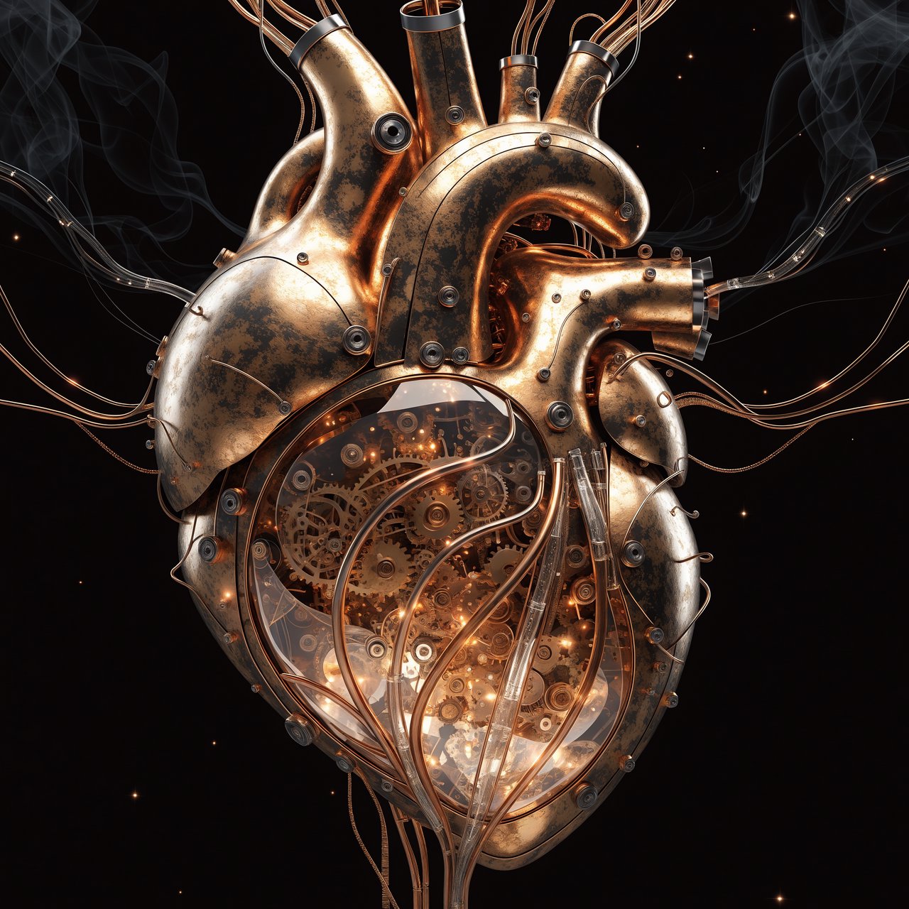 A beautifully intricate mechanical heart floating alone in deep darkness, designed like an exquisite piece of horological sculpture. Its polished brass, copper, and dark steel chambers are partially open, revealing layers of tiny interlocking gears, delicate springs, pistons, and precision mechanisms within. Sections of crystal-clear glass expose deeper workings, while slender tubes carry a faintly glowing fluid through the heart like an artificial bloodstream. Tiny gears turn and pistons move, suggesting that the heart is genuinely functioning. Fine mechanical filaments curl outward like veins and arteries, catching subtle highlights from the warm inner glow. Elegant steampunk aesthetic, dramatic cinematic lighting, rich metallic textures, intricate reflections, mysterious atmosphere. — Recraft v4 Pro