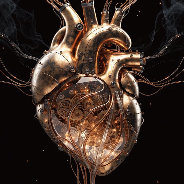 A beautifully intricate mechanical heart floating alone in deep darkness, designed like an exquisite piece of horological sculpture. Its polished brass, copper, and dark steel chambers are partially open, revealing layers of tiny interlocking gears, delicate springs, pistons, and precision mechanisms within. Sections of crystal-clear glass expose deeper workings, while slender tubes carry a faintly glowing fluid through the heart like an artificial bloodstream. Tiny gears turn and pistons move, suggesting that the heart is genuinely functioning. Fine mechanical filaments curl outward like veins and arteries, catching subtle highlights from the warm inner glow. Elegant steampunk aesthetic, dramatic cinematic lighting, rich metallic textures, intricate reflections, mysterious atmosphere. — Recraft v4 Pro
