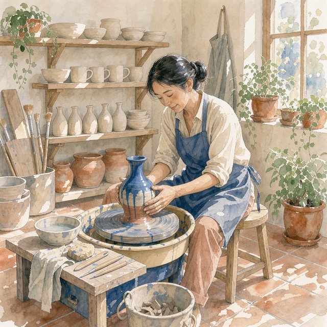 Watercolour illustration of an adult ceramicist shaping a blue-glazed vessel in a sunlit workshop, shelves of unfinished pottery and leafy plants softened by loose brushwork. Palette of terracotta, indigo, warm cream, and sage. — FLUX 3 Image