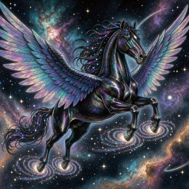 A majestic winged horse, with iridescent feathers and a coat like polished obsidian, is soaring through a celestial realm filled with nebulae and shimmering stardust. Around its hooves, tiny galaxies spiral outwards. The style is reminiscent of intricate fantasy illustration, with glowing, ethereal colors and a sense of deep cosmic wonder — FLUX 3 Image