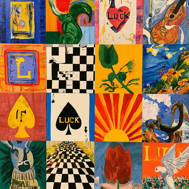 Many panels. Each panel represents an item, thing, creature, or scene that represents Luck. The word "Luck" appears at least once in the image. Be as creative as possible. — Midjourney V8.2