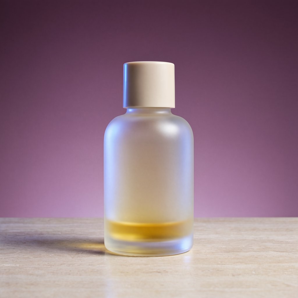 Under a broad diffused key and cool edge light, an unbranded frosted-glass serum bottle displays clear golden oil against a muted plum background, resting on honed pale travertine with its blank surface free of lettering. — Krea 2 Large