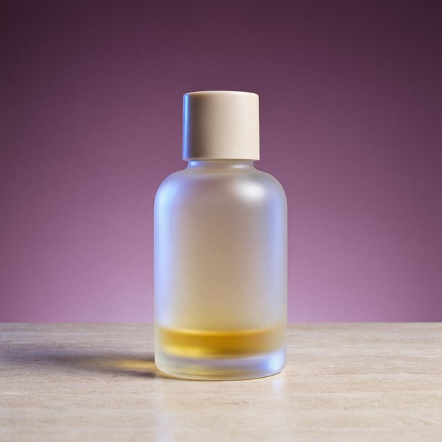 Under a broad diffused key and cool edge light, an unbranded frosted-glass serum bottle displays clear golden oil against a muted plum background, resting on honed pale travertine with its blank surface free of lettering. — Krea 2 Large