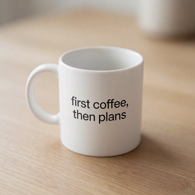 A white ceramic mug on a desk with the words "first coffee, then plans" printed in black lowercase sans-serif. — Krea 2 Medium