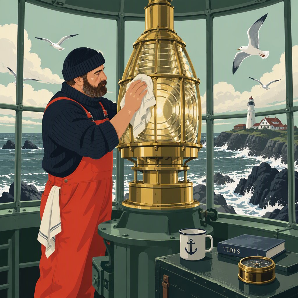 Flat-vector illustration of an adult lighthouse keeper polishing a brass lantern in a windswept tower, gulls circling beyond the glass and foam tracing black rocks below. Palette of sea-glass green, cream, vermilion, and navy. — GPT Image 2.5 Sunburst