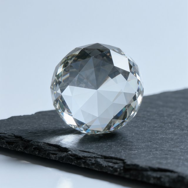 An unbranded, unmarked faceted optical-glass paperweight rests on charcoal slate against a pale blue-gray background; broad diffused studio light and a narrow side highlight reveal crisp internal refractions and bright edge reflections. — Kling v3 Omni