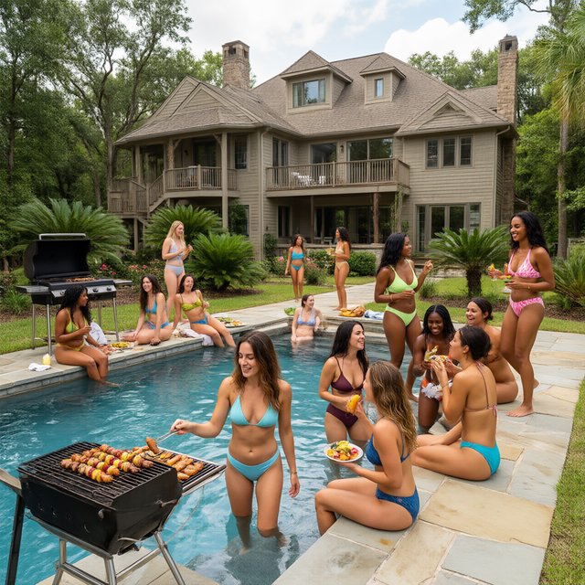 A group of women of all races wearing two-piece swimsuits are having fun near a clear blue pool at a huge house, with food being cooked nearby and everything. Show many full angles. — Qwen Image 3.0