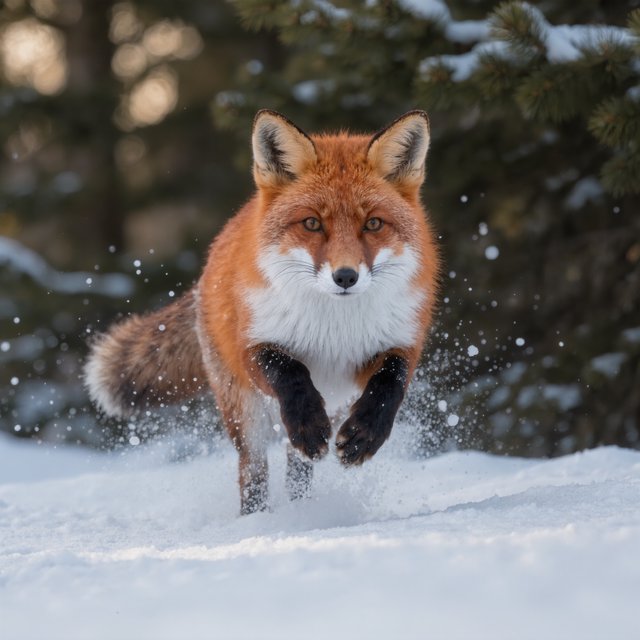 A red fox springs through powdery snow at the edge of a pine forest, ears forward and paws suspended. A real-world wildlife telephoto photograph in pale dawn light, 300mm lens, with snow crystals frozen midair. — Model 10