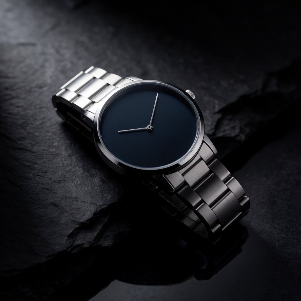 Product shot of a minimalist steel wristwatch with a navy dial on dark slate, single softbox from the upper left, subtle reflection. — Krea 2 Medium