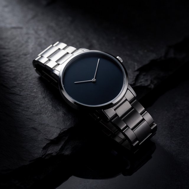 Product shot of a minimalist steel wristwatch with a navy dial on dark slate, single softbox from the upper left, subtle reflection. — Krea 2 Medium
