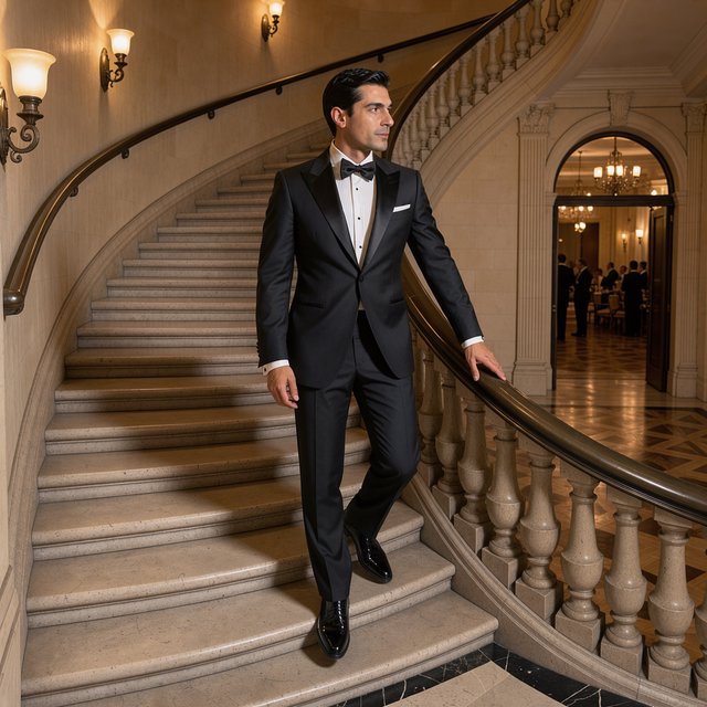 A tall adult man in a charcoal evening suit pauses halfway down a sweeping hotel staircase, caught glancing toward the ballroom as amber sconces cast sculpted light across stone; crisp tailoring and composed fashion-magazine polish. — Model 1