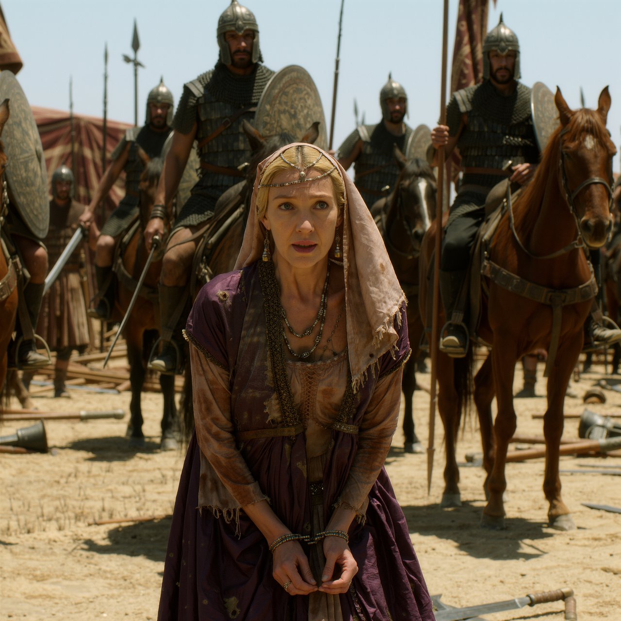 Film capture. Cinematic scene of the Byzantine empress being captured by Sassanid cataphracts. Harsh desert lighting. Shallow depth of field. The image takes place in the aftermath of a battle. All of the subjects are dusty and disheveled. — Kling v3 Omni