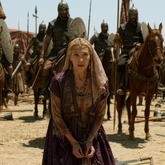 Film capture. Cinematic scene of the Byzantine empress being captured by Sassanid cataphracts. Harsh desert lighting. Shallow depth of field. The image takes place in the aftermath of a battle. All of the subjects are dusty and disheveled. — Kling v3 Omni