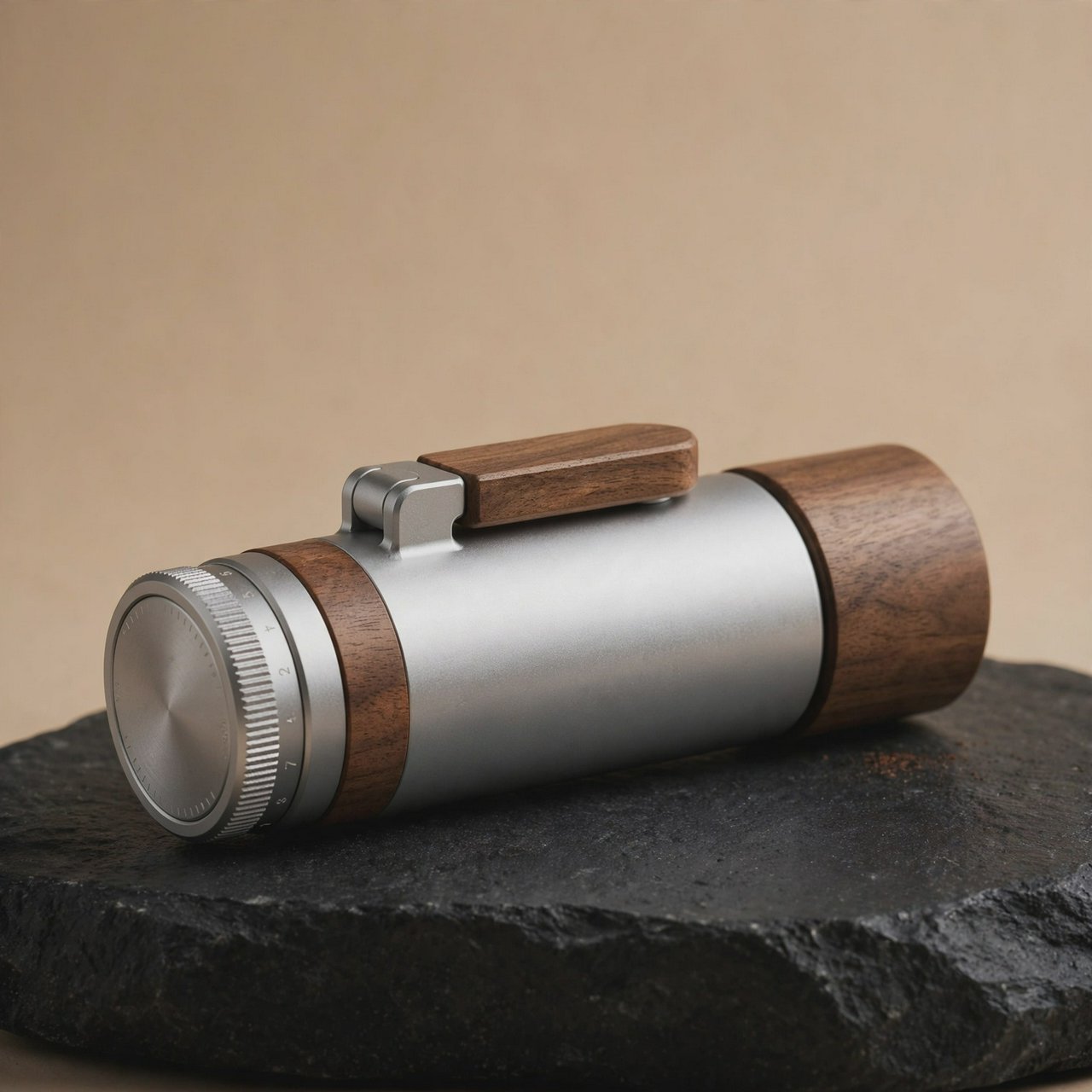 Commercial product photograph of an unbranded portable espresso grinder crafted from anodized aluminum with walnut accents, resting on a black stone surface against a warm beige background, illuminated by broad diffused studio light and a subtle edge highlight. — Muse Image 1.0