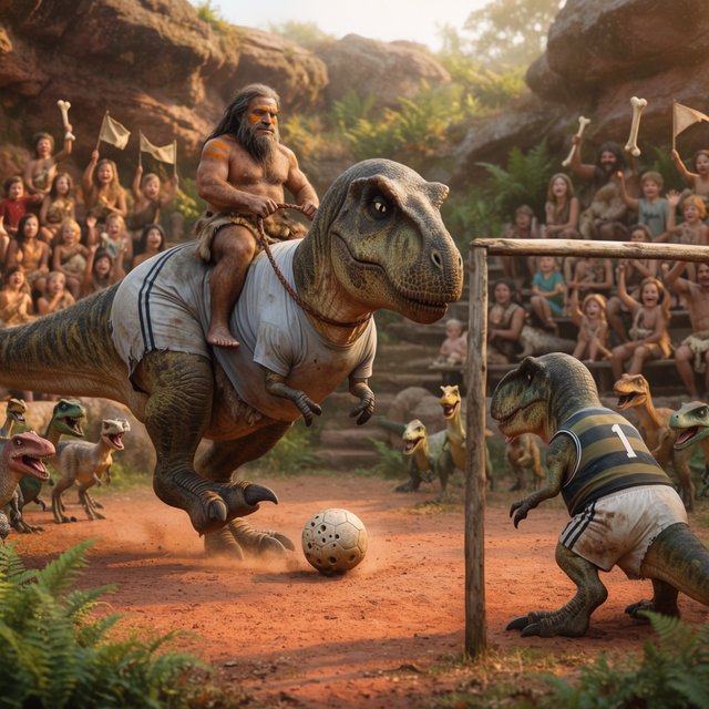 Wide shot of a golden-hour prehistoric football match, photorealistic, cinematic. A weathered, muscular adult caveman with ochre face paint sits upright on a plump medium T-Rex's back, gripping a braided leather leash. The mounted T-Rex strains mid-kick, wearing a tiny faded grey cotton T-shirt riding up over its scaled shoulders and frayed athletic shorts bunched at its hips, one massive clawed foot cocked back behind a pockmarked 3ft stone football. A weathered timber goalpost stands 20 yards ahead; the opposing T-Rex goalie hunches ready in a sleeveless striped jersey #1 and grass-stained shorts, claws dug into dusty red earth. Sunlit bleachers line the natural rock arena: cheering adult cave families wave bone flags, assorted small dinosaurs bounce and roar along the sidelines, warm late-afternoon light gilds fern fronds and dinosaur scales, soft long shadows stretch across the playing field, playful triumphant atmosphere, sharp focus on the kicking T-Rex, shallow depth of field on spectators. — Krea 2 Large