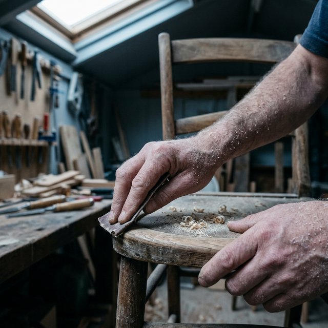 Fine curls gather beneath adult hands sanding the edge of a wooden chair in a quiet repair shed. A real-world workshop snapshot in cool skylight, using a normal lens at shallow depth of field, catches pale sawdust clinging to the knuckles. — Nano Banana 2.1