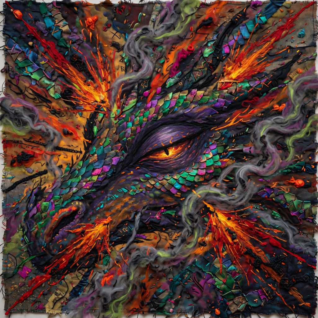 An abstract tapestry woven from the dreams of a sleeping dragon, depicted as a chaotic yet beautiful explosion of iridescent scales, fiery embers, and swirling smoke. The composition is dynamic and energetic, with bold brushstrokes and a rich, textured surface. The style is abstract expressionism, capturing the raw, untamed essence of draconic power. — Grok Imagine Image Quality