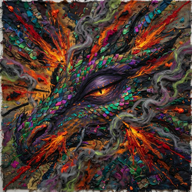 An abstract tapestry woven from the dreams of a sleeping dragon, depicted as a chaotic yet beautiful explosion of iridescent scales, fiery embers, and swirling smoke. The composition is dynamic and energetic, with bold brushstrokes and a rich, textured surface. The style is abstract expressionism, capturing the raw, untamed essence of draconic power. — Grok Imagine Image Quality