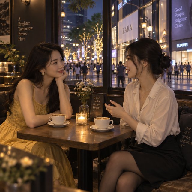 A cozy nighttime café scene featuring two young adult Chinese women seated at a table by a window. One wears a yellow dress, and the other, seated opposite her, wears a white blouse and black skirt. They are chatting warmly with each other, with two cups of coffee on the table. Outside the window, a lively shopping street glows with evening lights, creating a relaxed, intimate, and cinematic atmosphere. — GPT Image 2.5 Sunburst