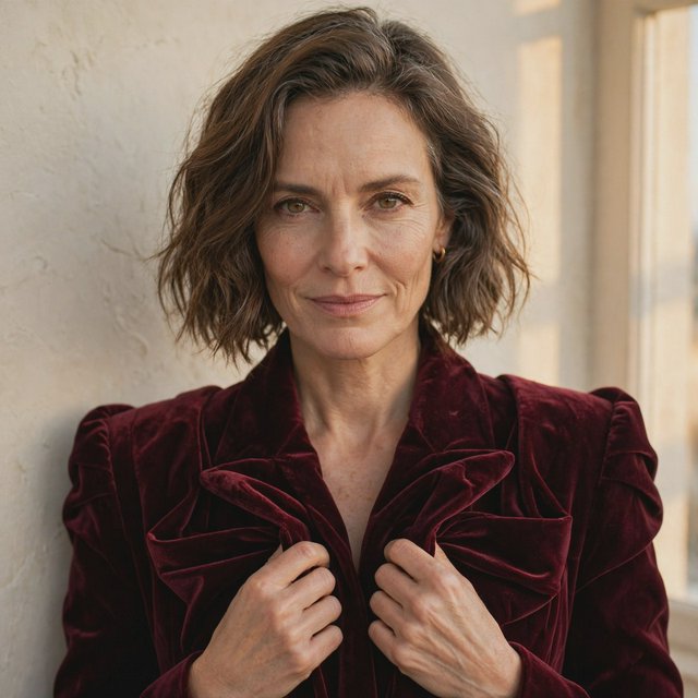Fashion portrait of an adult woman in her early 50s wearing a sculptural burgundy velvet jacket, her hands lightly gathering its lapel. A wry, composed expression meets the camera against a warm ivory plaster backdrop, lit by soft late-afternoon window glow. — Muse Image 1.0