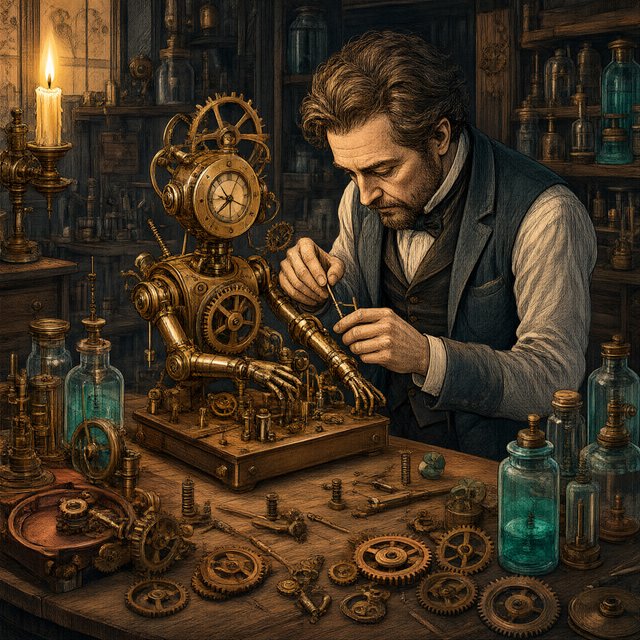Engraved ink illustration of an adult clockmaker assembling a whimsical brass automaton in a candlelit workshop, with gears, springs, and glass jars surrounding the bench. Palette of charcoal, copper, teal, and honey yellow, with crisp crosshatching and warm shadows. — Qwen Image 3.0