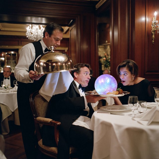 A very posh, well-lit 1990s restaurant with beautiful, tasteful decor. A husband and wife dine in a high-class restaurant. The waiter serves something very surprising as the main course! — ImagineArt 2