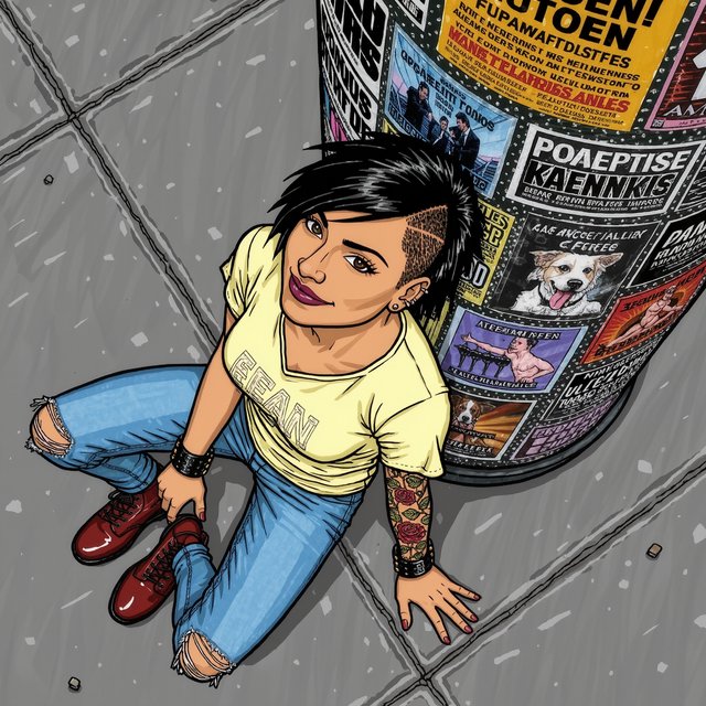 Realistic India ink illustration with crisp black lines, realistic anatomy and proportions, and watercolor fills; black ink outlines remain visible. Full-length, overhead view. A Latina woman sits on the pavement with her back against an enormous, thick round downtown pillar covered in posters for bands, art shows, burlesque, and a lost dog. One hand rests on the pavement, the other on an ankle. She tilts her head back, looking up at the viewer with a confident smile. Character: 25-year-old woman, medium-brown skin, slim build, edgy punk/goth appearance. Black asymmetrical undercut, right side shaved, longer top brushed across forehead, short messy ponytail. Sharp features, arched brows, brown almond-shaped eyes, heavy eyeliner, dark burgundy lipstick, six ear piercings. Each fingernail a different color. Loose pale-yellow graphic T-shirt, ripped blue jeans, dark red combat boots. Full left-arm sleeve tattoo of vines, leaves, and red roses. Thick black leather bracelets on both wrists. — Kling v3 Omni