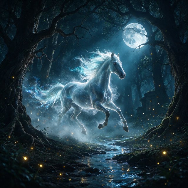 A majestic horse with a spectral mane and tail gallops through an enchanted, moonlit forest. Glimmering fireflies illuminate the path, casting an ethereal glow on ancient trees. The horse appears translucent, as if it's a phantom from another realm. The style is digital art, with surrealism and cinematic lighting to enhance the mysterious atmosphere — Seedream 5.0 Pro