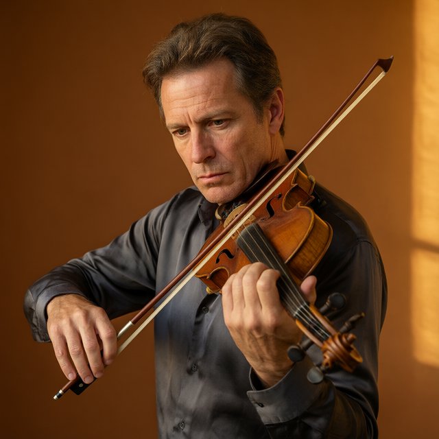 With a violin tucked close, an adult man in his early 50s draws a bow, his hands prominent, wearing a charcoal silk shirt; his intent expression is framed against a warm umber backdrop in soft amber window light, in a close portrait photograph. — Qwen Image 3.0