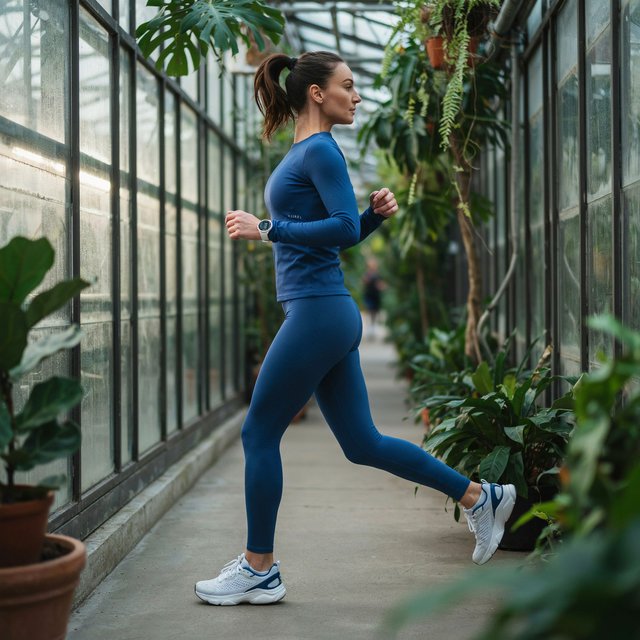 Across a quiet greenhouse path, an adult woman in a cobalt fitness set is caught mid-stride on a morning run, cool dawn light tracing her focused profile; clean lines and poised styling evoke a fashion magazine. — Model 6