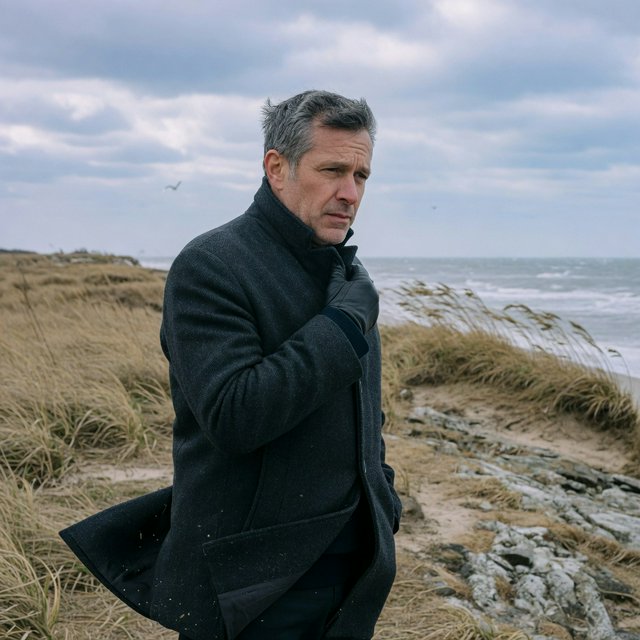 Wind lifts the hem of a charcoal wool coat as an adult man in his late 40s keeps a pensive gaze. The portrait frames him against a windswept coastal bluff beneath cool, cloud-filtered daylight. — Grok Imagine Image Quality