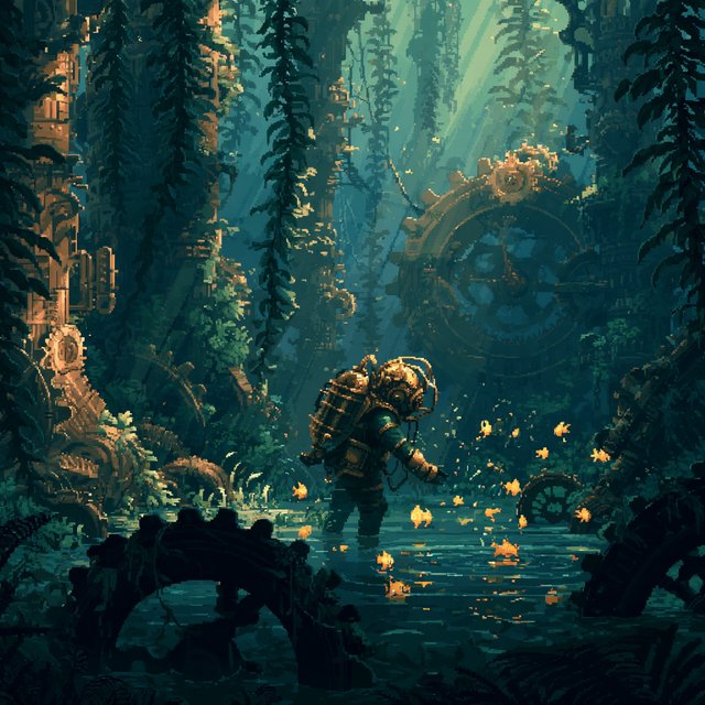 A brass-suited adult diver explores a submerged clockwork garden, where kelp curls around sunken gears and tiny fish glow in the dark; pixel art illustration, palette of teal, copper, midnight blue, and lemon yellow. — Midjourney V8.2