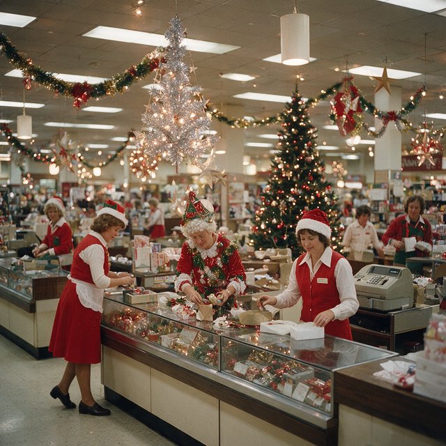 A UK department store in the 1970s at Christmas time. The lighting and decor will be very festive, with staff members dressed in festive outfits. — Seedream 5.0 Pro