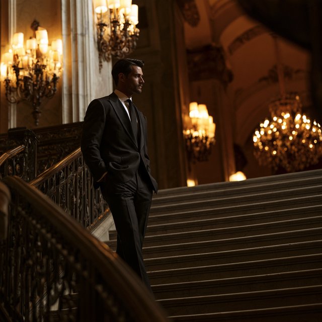 A tall adult man in a charcoal evening suit pauses halfway down a sweeping hotel staircase, caught glancing toward the ballroom as amber sconces cast sculpted light across stone; crisp tailoring and composed fashion-magazine polish. — Model 13