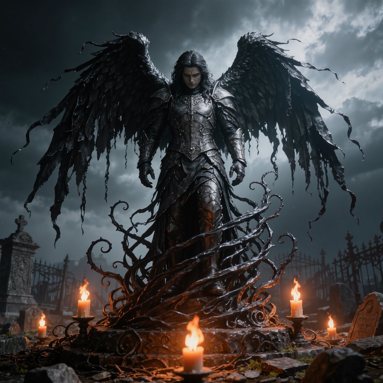 A majestic fallen angel with wings like a dark, tattered cloak, poses dramatically on a crumbling, Victorian-era inspired graveyard tomb, surrounded by twisted, black ironwork and flickering, orange candelabras, as if plucked from a haunting, nightmare. — Kling v3 Omni