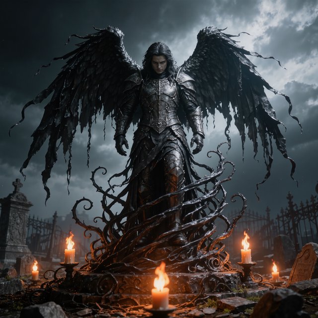 A majestic fallen angel with wings like a dark, tattered cloak, poses dramatically on a crumbling, Victorian-era inspired graveyard tomb, surrounded by twisted, black ironwork and flickering, orange candelabras, as if plucked from a haunting, nightmare. — Kling v3 Omni