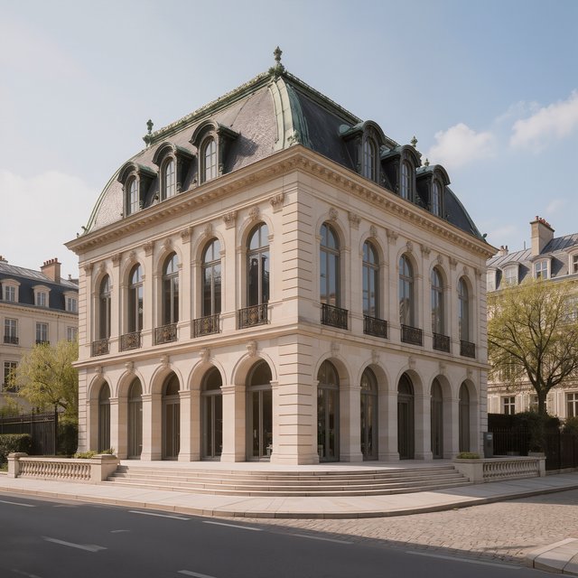 Exterior of a French Second Empire town hall with pale limestone, a dark mansard roof, copper cresting, and tall arched windows; clear spring light falls across the entrance terrace, viewed from the quiet street corner, precise lines and believable construction. — Kling v3